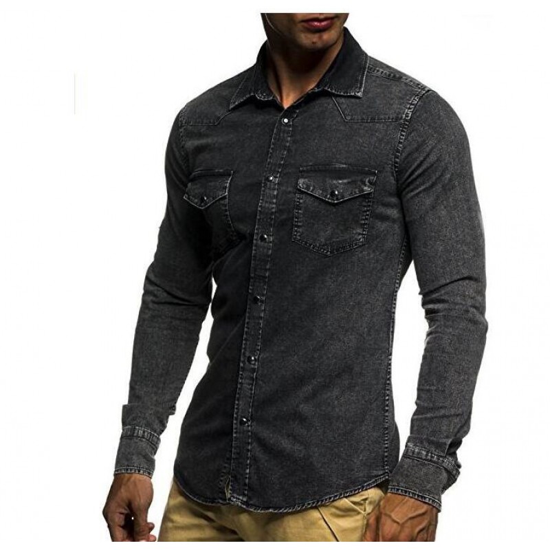 Male Long Sleeve Shirts Casual Solid Color Denim Slim Fit Dress Shirts