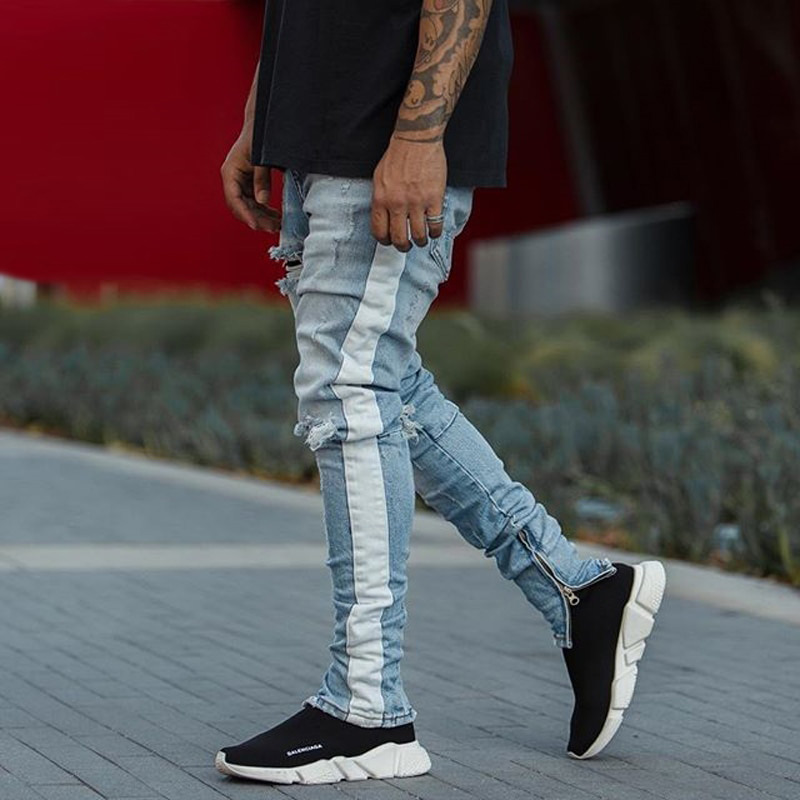 Knee Hole Side Zipper Slim Distressed Jeans Men  Ripped tore up Jeans For Men stripe pants