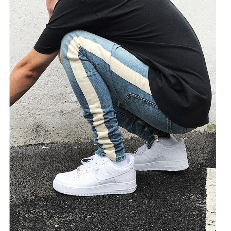 Skinny Jeans Men Hip Hop stripe Ripped Elastic Slim Fit Jeans Male Stretchy Pants street fear of God trousers