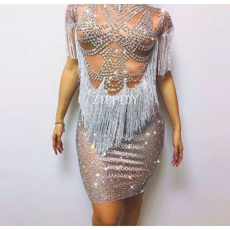 Sparkly Crystals Big Stretch Dress Women's Evening Party Wear Full Rhinestones Tassel Dress Prom Birthday Celebrate Outfit