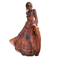 Summer Spring Fashion Women Long Dress Chiffon Long sleeve Print Maxi Dress Elegant Casual Party Dresses