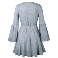 Women V Neck Ruffle Knitted Sweater Dress Autumn Winter Lace Up Short Dresses Casual Long Sleeve Solid A-Line Dress