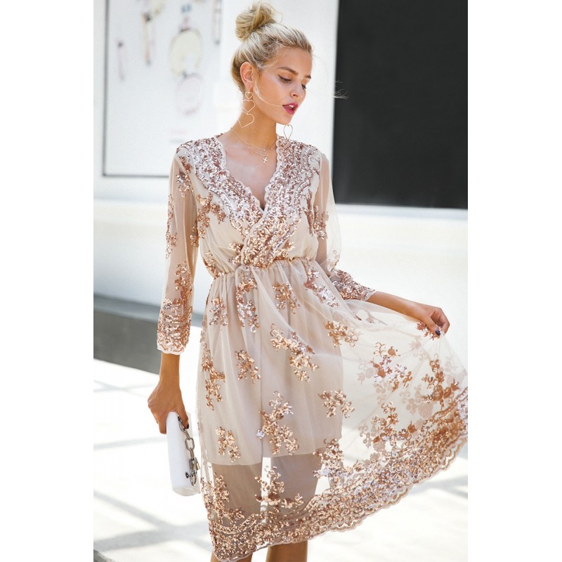 V Neck Long Sleeve Sequin Party Dresses Women Sexy Mesh Streetwear Christmas Dress Female