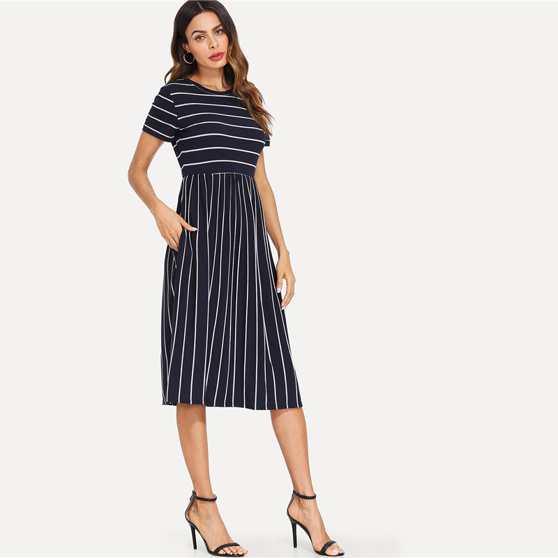 Navy Elegant Round Neck Short Sleeve Mixed Stripe Natural Waist Smock Dress Summer Women Weekend Casual Dresses 