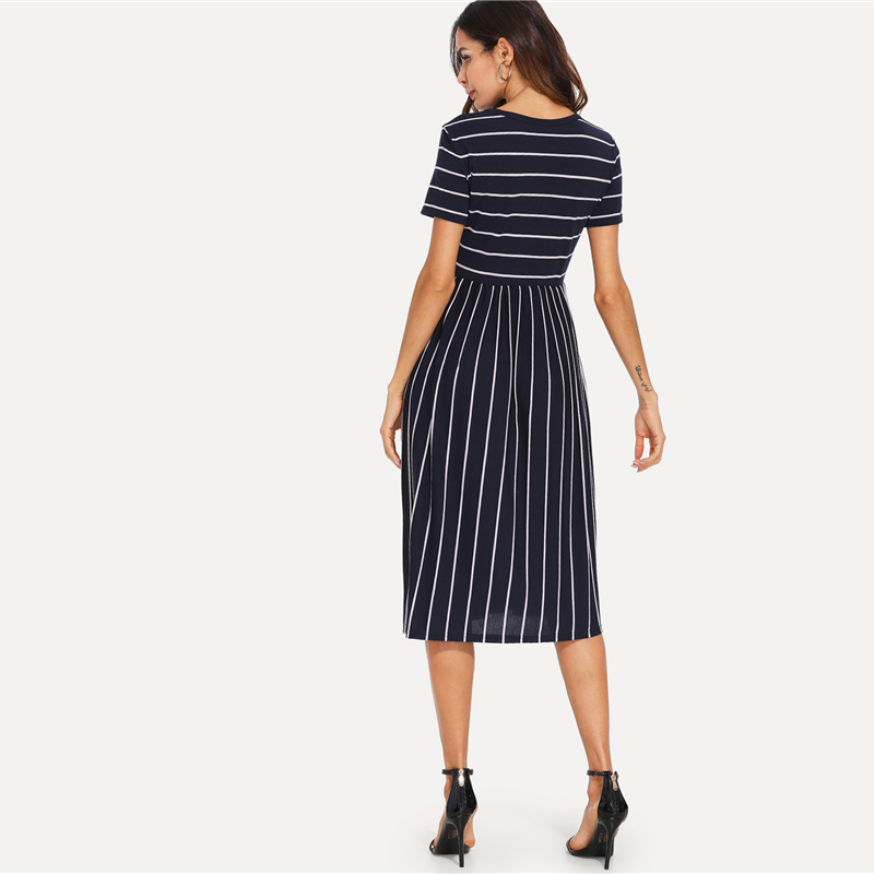 Navy Elegant Round Neck Short Sleeve Mixed Stripe Natural Waist Smock Dress Summer Women Weekend Casual Dresses 