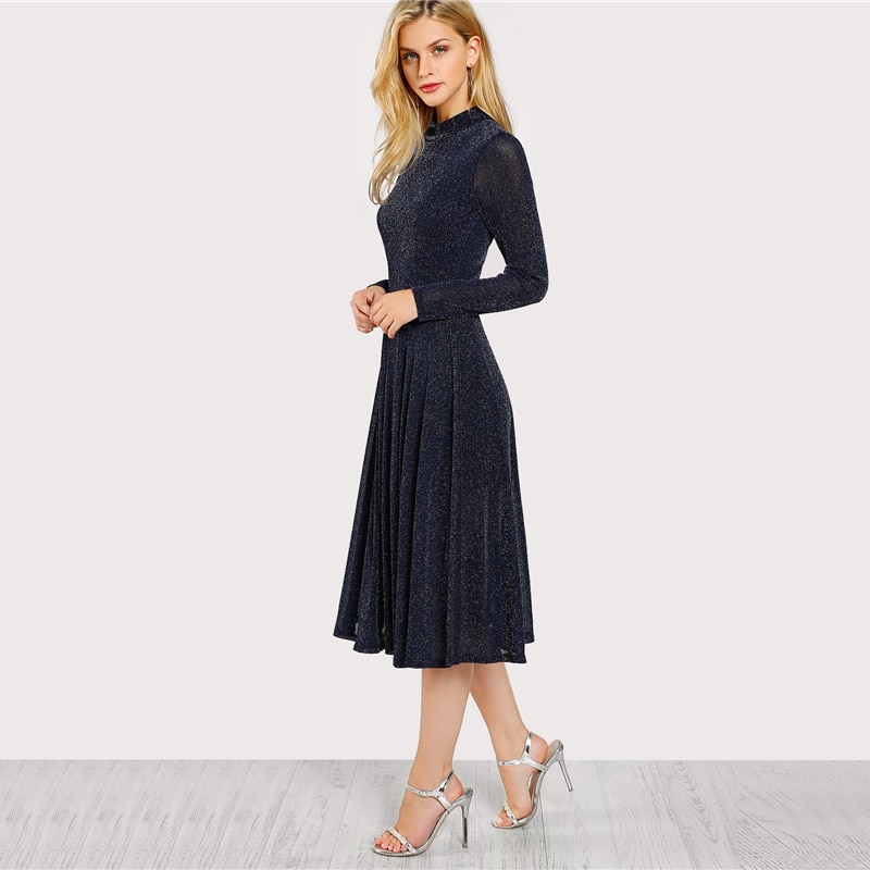 A Line Ladies Dresses Navy Long Sleeve Mock Neck Glitter Fit abd Flare Dress Stand Collar Elegant Party Dress