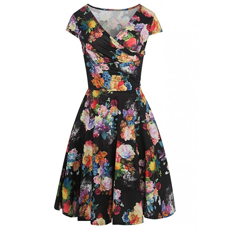 Women's  V-Neck Cap Sleeve Floral Casual Work Stretch Swing Dresses