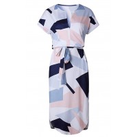 Womens Dresses Summer Casual V-Neck Floral Print Geometric Pattern Belted Dress