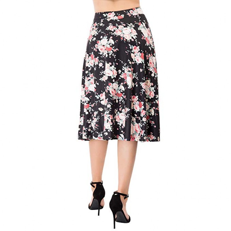 Flared Stretchy Midi Skirt High Waist Jersey Skirt Women