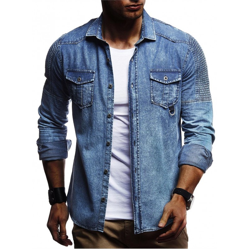 Men Washed Shirts Long Sleeves Slim Fit Jean Shirts For Men Cowboy Tees Tops Classic Casual Outerwear