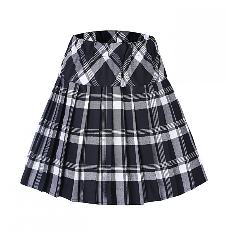 Women's Elastic Waist Tartan Pleated School Skirt