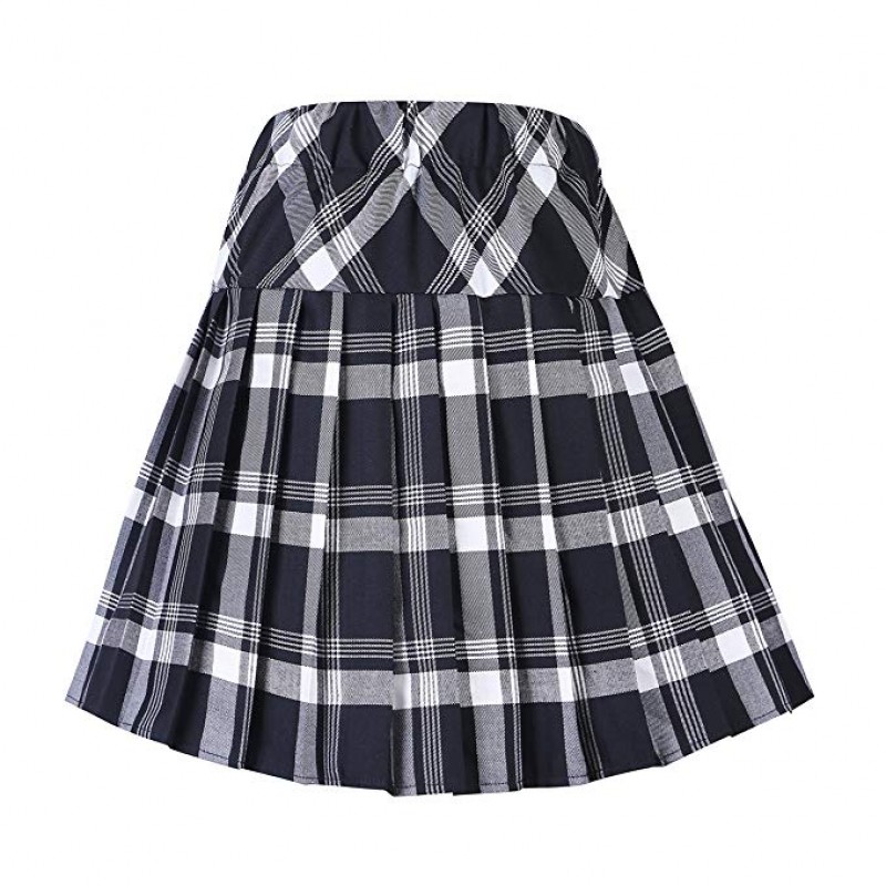 Women's Elastic Waist Tartan Pleated School Skirt