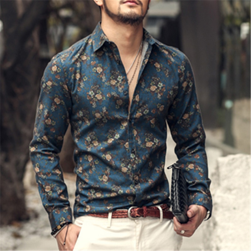 New Fashion Casual Men Shirt Long Sleeve Europe Style Slim Fit Shirt Men High Quality Cotton Floral Shirts Mens Clothes