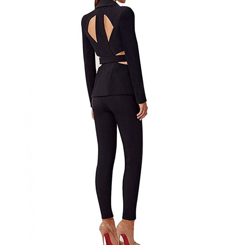 Women's Cut Out 2 Pieces Slim Fit Blazer Jacket Pants Suit Set